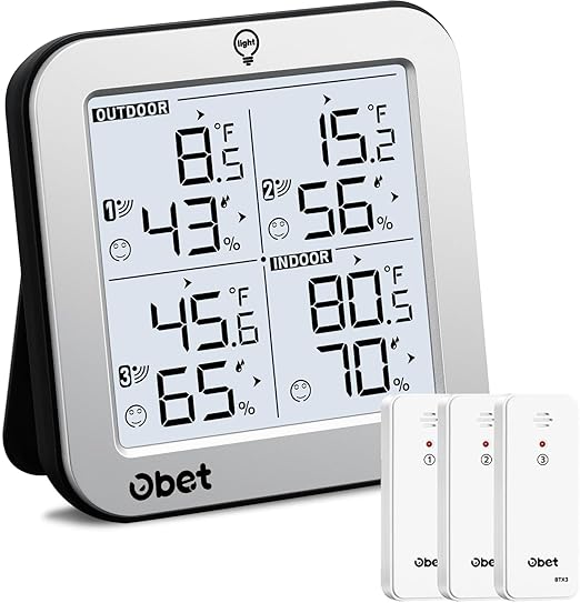 OBET Indoor Outdoor Thermometer Wireless with 3 Sensors Weather Station Temperature Humidity Monitor 500ft Range and Adjustable Backlight and Min Max Data Silver