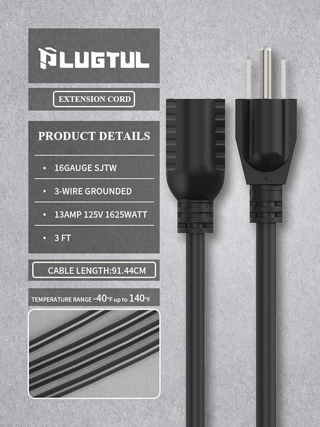 PLUGTUL 3 FT Extension Cord, Short Power Cord, Black Indoor/Outdoor 16 Gauge 3 Prong Grounded Wire ETL Listed, 13A 1625W 125V SJTW