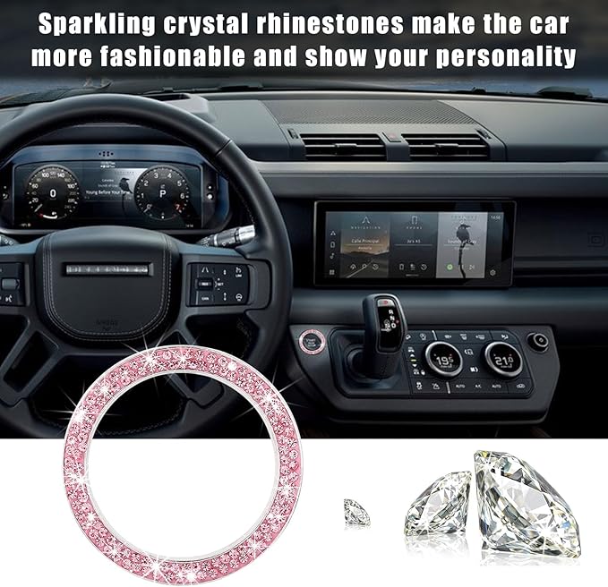 Kewucn 2 PCS Bling Crystal Double Rhinestone Car Engine Start Decoration Ring, Sparkling Push Start Button Sticker, Key Ignition & Knob Ring Decoration, Bling Car Interior Accessory(Pink)