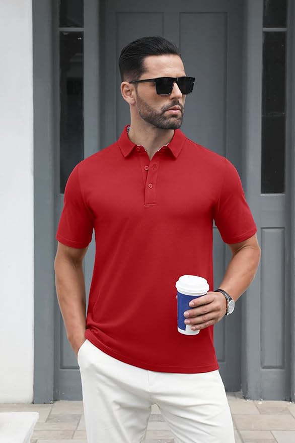 MAGCOMSEN Men's Polo Shirts Short Sleeve Cotton Pique 3 Button Classic Fit Casual T-Shirt Performance Golf Shirts