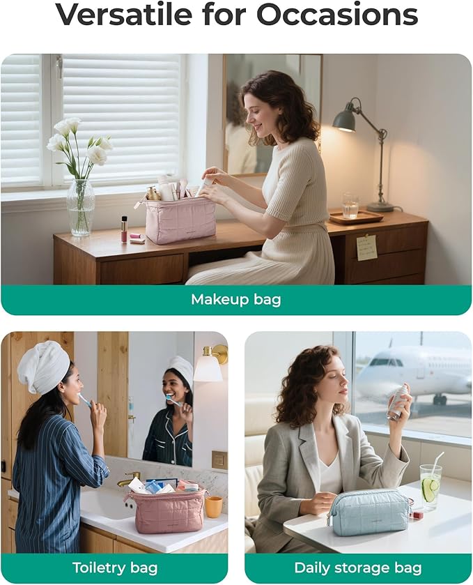 BAGSMART Makeup Bag Travel Toiletry Bag, Wide-open Zipper Pouch, Beige | Puffy Padded, Travel Essentials, Make Up Bag, For Women, Makeup Organizer, Toiletries Accessories Brushes