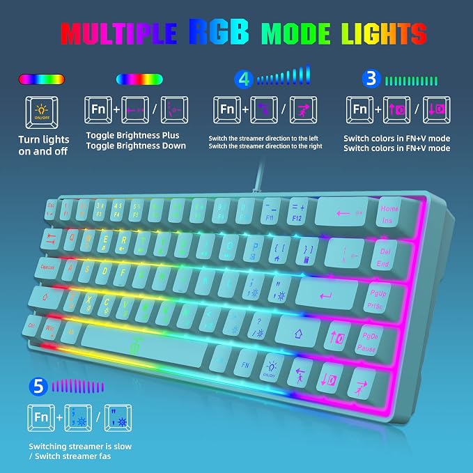 Snpurdiri 65% Membrane Gaming Keyboard, RGB (68 Keys,Blue) | Compact Wired Small Gaming Keyboard for PC/Mac Gamer, Typist, Travel, Easy to Carry on Business Trip