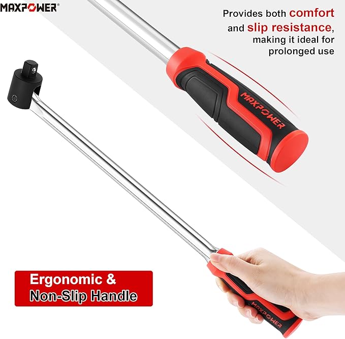 MAXPOWER 1/2" Drive Breaker Bar, 17-inch Breaker Bars with 270° Flex Head, Soft Grip Handle