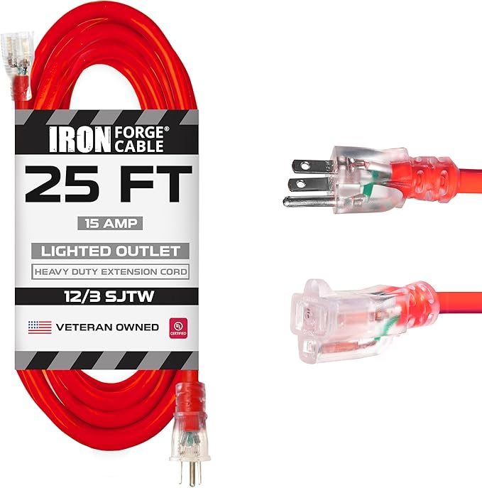Iron Forge Cable 25 ft Lighted Outdoor Extension Cord - 12/3 SJTW Heavy Duty Red Extension Cable with 3 Prong 15 AMP Grounded Plug for Safety