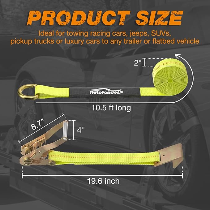 Adjustable Vehicle Tie Down Kit with Flat Hook Heavy Duty-Break Strength 10,000 lbs-Working Load 3333 lbs-2" x 10' Lasso Ratchet Straps for Car, Truck, UTV(Classic Yellow)