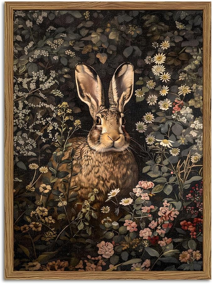 Dark Easter Rabbit Wall Art Vintage Cottagecore Bunny Wall Decor Painting Cute Easter Animal and Flower Poster Canvas Print Pictures for Bedroom Living Room Farmhouse 16x24 inch Wood Framed