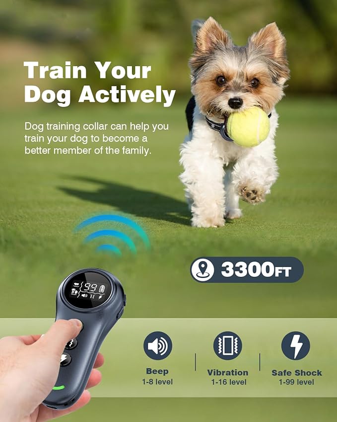 2-in-1 Dog Shock Collar & Dog Bark Collar - Smart Anti Barking Dog Training Collar with 5 Adjustable Sensitivity & 3300FT Remote for All Breeds IP67 Waterproof E-Collar