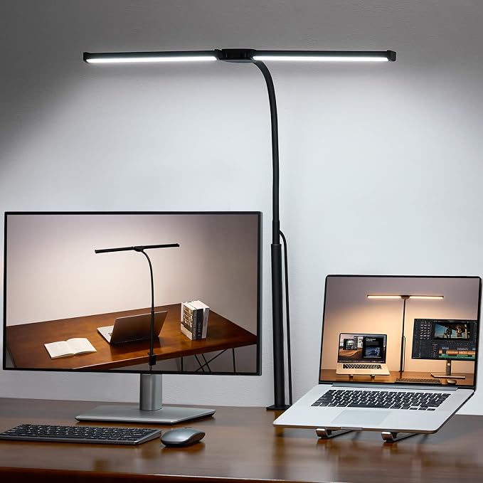 Voncerus LED Desk Lamp for Home Office, Double Head Desk Light with Clamp | 3 Modes 10 Brightness, Long Flexible Goose-Neck, Eye-Caring, Memory Function, Energy Efficient, USB Adapter, Metal, Black