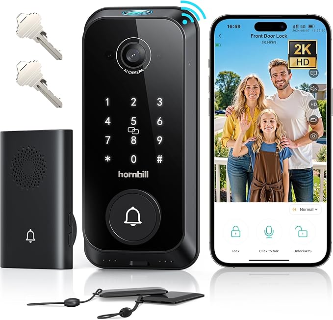 Video Smart Lock with Camera: 4-in-1 Ring+2K Camera+Doorbell+Fingerprint Hornbill Keyless Entry Door Lock, Built-in WiFi Deadbolt(only 2.4G), Two-Way Audio/App Remote Control/PIR, No Monthly Fee