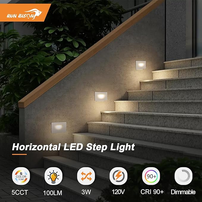 Horizontal Step Lights, 5CCT Selectable, IP65 Waterproof, 3W 100LM, 120V LED Stair Lights Indoor Outdoor, 10%-100% Dimmable, White, ETL Listed - 8PK