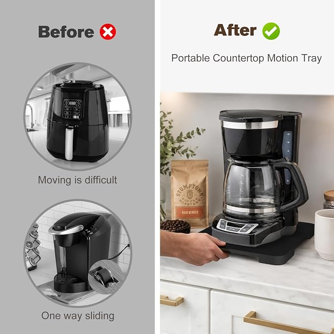 360°Rolling Tray Bamboo Kitchen Appliance Slider for Coffee Maker Pot | Countertops Sliding Tray for Coffee Maker Appliances Mat Easily from Under The Cabinet,Black 11.8"×9.8"