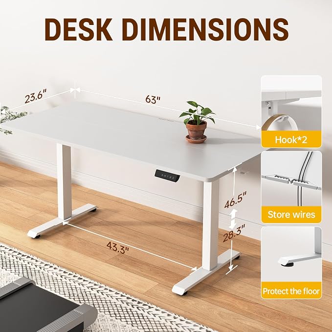 Veken Standing Desk, White, 63×23.6 Inch | Height Adjustable Sit Stand Up Computer Tables for Home Office, Study , Writing, Suit students, employees and group work