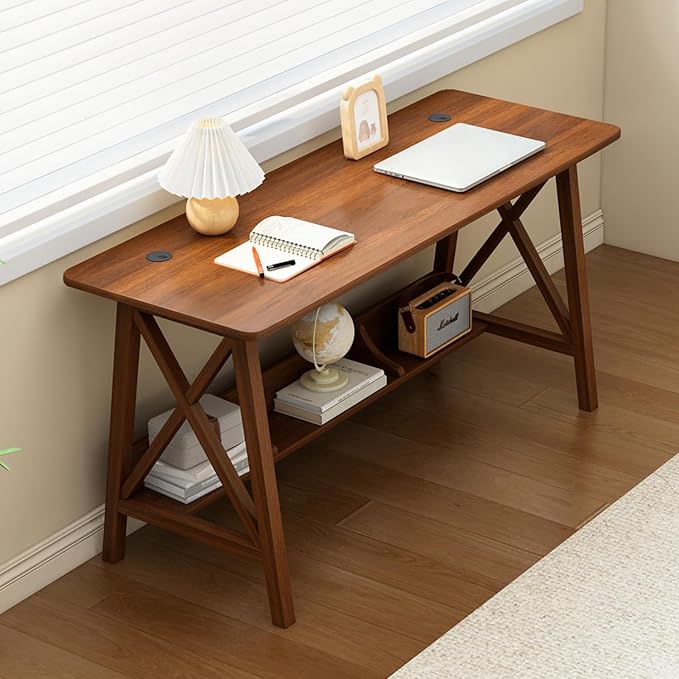 NELYE Extra Long Writing Desk with Bookshelf, 47" Wx16 Dx30 H, Walnut | Wooden Home Office Work Study Table, Computer Gaming Workstation with Storage Shelf, Sturdy MDF Resists Wobble