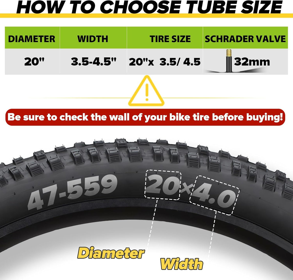 Skiennix Fat Bike Tubes - Premium Butyl Rubber with AV 32mm Schrader Valve | 20" & 26" Sizes