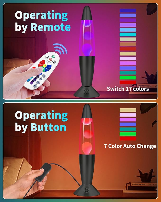 17 LED Colors Changing Magma Motion Lamp, 16" Black Liquid Light for Living Room Office Bedroom, Remote Night Light for Kids Adults, Bedside Table Lamp for Christmas Valentine's Day Gift (Pink Wax)