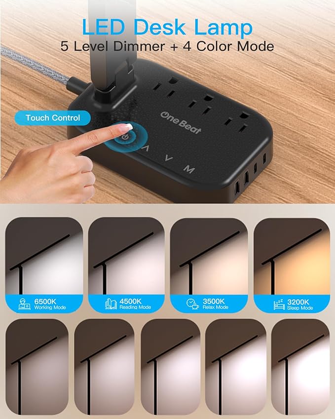 LED Desk Lamp Power Strip with 4 USB 3 Outlets, Dorm Room Essentials, Black | One Beat 4 Modes 5 Level Brightness Touch Lamp, Small Desk Lamp for Home Office College Dorm Essentials, Study Reading Light