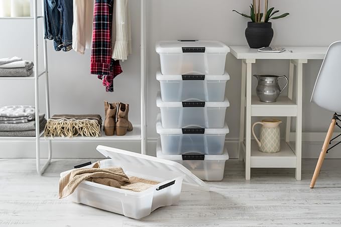 IRIS USA 27 Qt Stackable Plastic Storage Bins with Lids, 6 Pack - BPA-Free, Made in USA - Discreet Organizing Solution, Latches, Durable Nestable Containers, Secure Pull Handle - Pearl