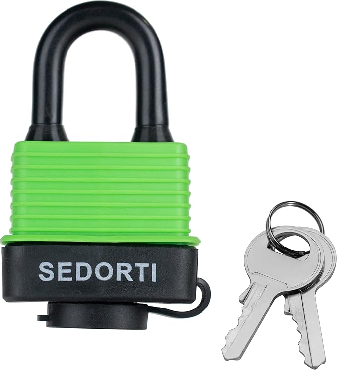 Colored Waterproof Padlocks, Heavy Duty Laminated Steel Lock with Green Plastic Covered, Keyed Alike Outdoor Locks, Can Be Used as Lockout Tagout Lock, Pack of 12