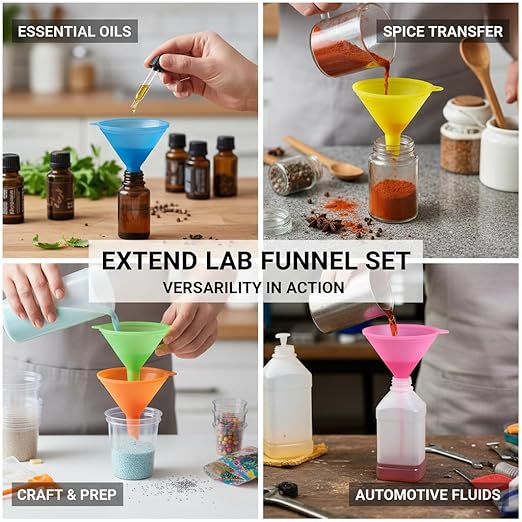 Plastic Funnel Set of 5 | Multi-Size & Multi-Color Mini Funnels for Bottles, Essential Oils, Spices, Powders, Automotive Fluids | BPA-Free Food Grade Plastic