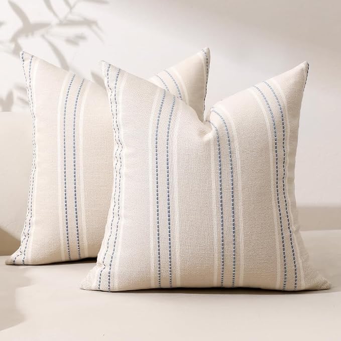 Hckot Stripe Throw Pillow Covers 26x26 Large Square Lake Blue Pillow Cover | Farmhouse Decorative Pillows Textured Linen Euro Sham Cushion Covers for Sofa Couch Bed Living Room Decor