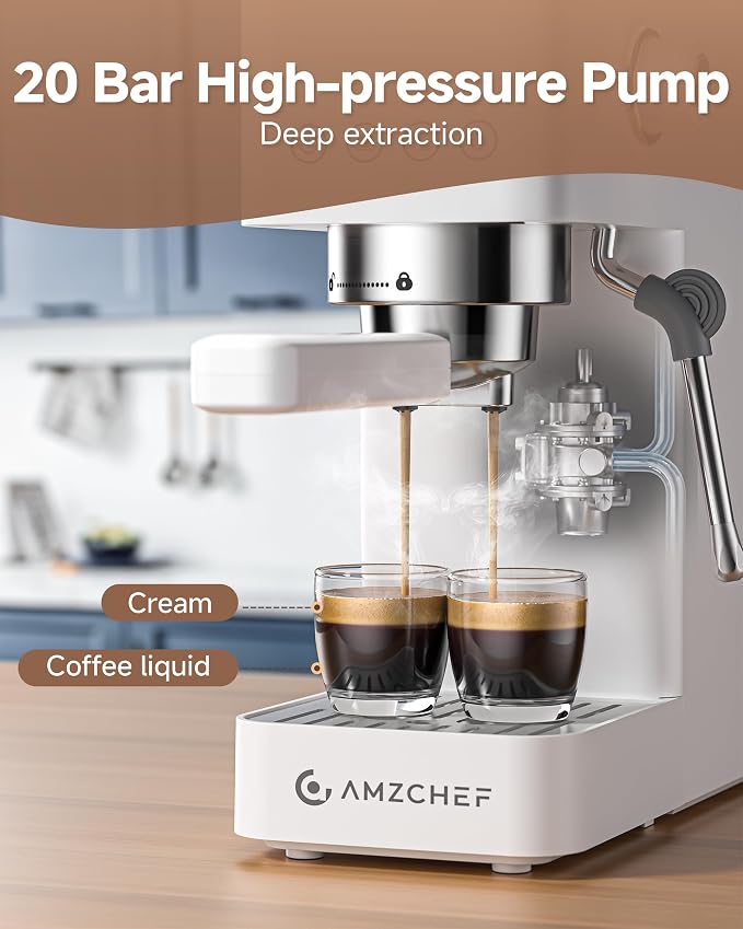 AMZCHEF Compact Espresso Machine 20 Bar, Americano, Latte & Cappuccino | Easy One-Touch Brewing, 30s Heat-Up, Stable PID Control, Easy Milk Frothing, Compact Design, 50oz Tank, White