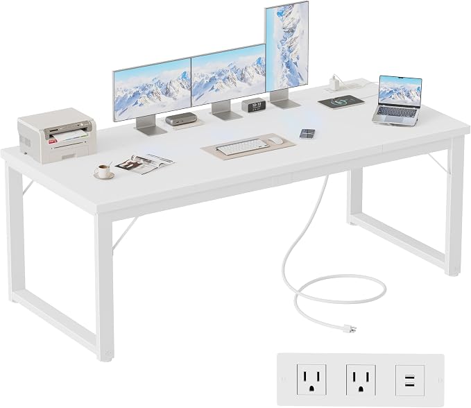 Mericonia 63 Inch Computer Desk with Power Outlets, 1.2" Thick Office Table | Modern Simple Style, Heavy Duty Industrial Frame, Large Study & Writing Table for Home Bedroom Work, White