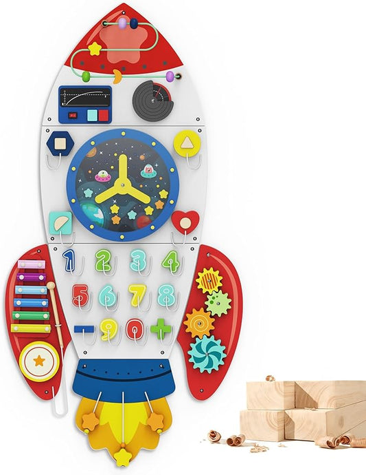 BlueWood Wooden Wall Busy Board Panels, Toddler Learning Activity Center, Montessori Philosophy Sensory, Educational Toys, Conducive to All-Round Development - Rocket