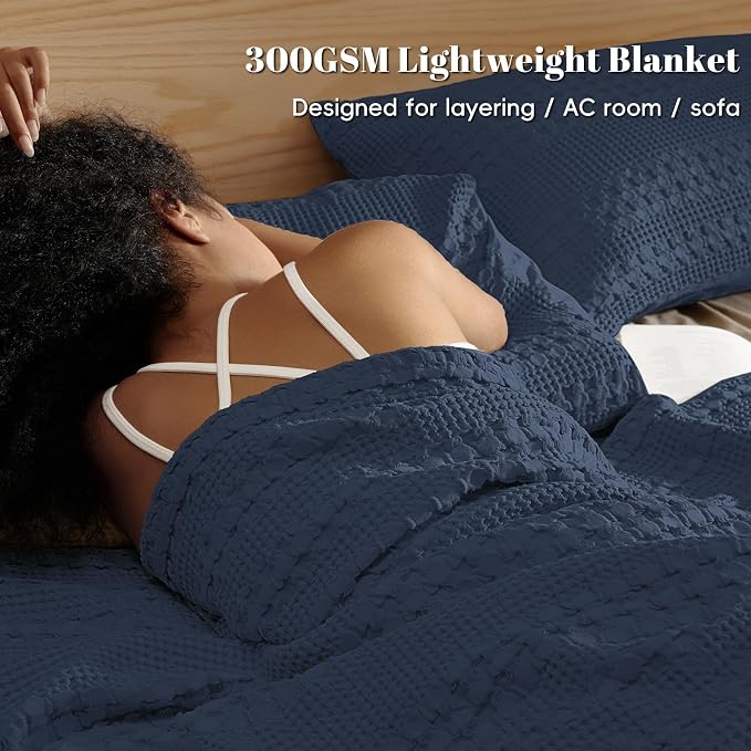 PHF 100% Cotton Waffle Weave Blanket King Size, Lightweight Breathable Summer Blanket for Hot Sleepers, Pre-Washed Soft Layer for Bed, Couch, Home Decor Gift, 108"x90", Indigo