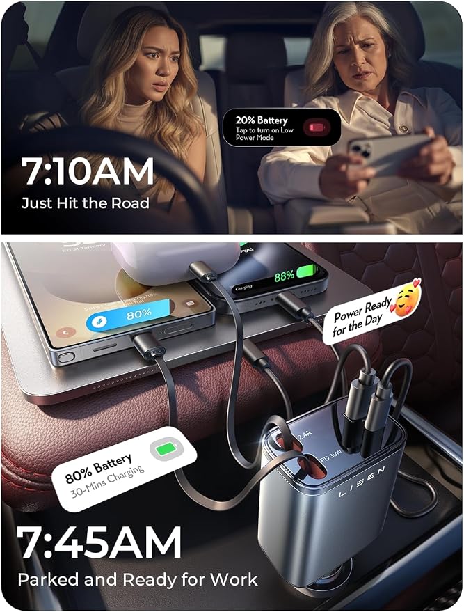 LISEN Retractable Car Charger 4 in 1 for Cars, 69W Retractable USB C Car Charger with 31.5in Cable, Fast Charging for iPhone 17 16 15 14 13 12 Pro Max Plus, Compact Cars Accessories for Daily Driving
