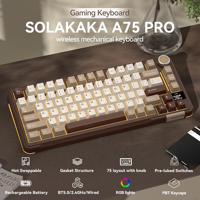 SOLAKAKA A75 PRO 75% Wireless Mechanical Keyboard with Screen and Knob, Tri-Mode Hot Swappable Gaming Keyboard, RGB Backlit Gasket Creamy Pre-lubed PBT Computer Keyboard for PC/Mac/Win,Brown