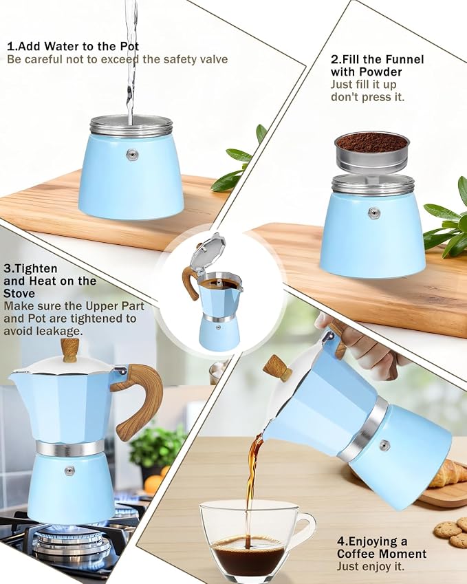 Coffee Maker Stovetop Espresso Maker 3 Cup Aluminum Moka Pot Percolator 5oz 150ml Easy Brewing for Electric Ceramic Stoves Home Camping Italian Cuban Café Classic Sip Sized Blue