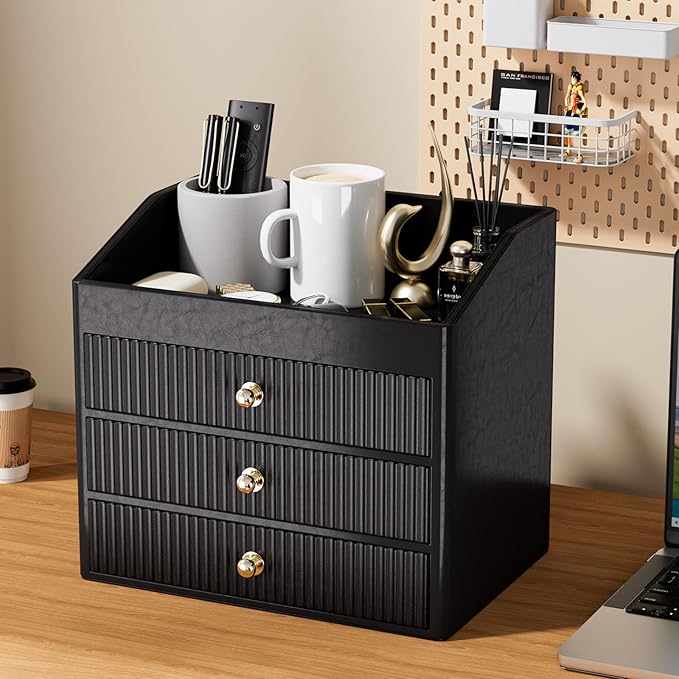 Desk Organizers and Accessories,Black Vegan Leather Desktop Organizer with 3 Drawers & Tray for Bedroom,Bathroom,Lipstick,Nail Polish,Skincare,Perfume,Jewelry Box