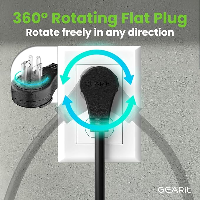 GEARit 50 Ft Extension Cords 16/3 Gauge 360° Rotating Plug Outdoor/Indoor SJTW 16 AWG 3 Prong Heavy Duty Power Cable 13A 125V 1625W for Lawn, Garden, Appliances Black