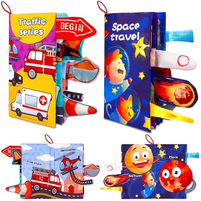 Vicloon Baby Books - 2PCS Touch & Feel Books, 6-12 Months, Transport & Space Theme, Crinkle Cloth & Soft Tummy Time Toys for Newborns