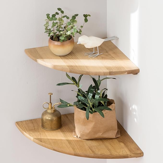 Corner Shelves, Floating Corner Shelf, Set of 2 12inch Solid Oak Wood Wall Shelves, Round End Wall Mount Display Shelf with Wire Hole for Bedroom Kitchen, Living Room
