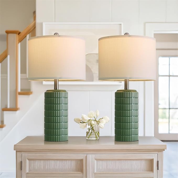 PoKat 23" Dark Green Ceramic Table Lamps Set of 2, Modern Table Lamps for Living Room, Farmhouse Lamps for Bedroom Night Stands, Traditional Nightstand Desk Decor Lamps