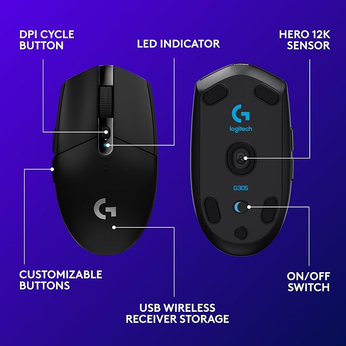 Logitech G305 Lightspeed Wireless Gaming Mouse - Black | Hero Sensor 12, Lightspeed 1ms Wireless, Up to 250h on 1xaa, 6 Programmable Buttons, 99g with Battery