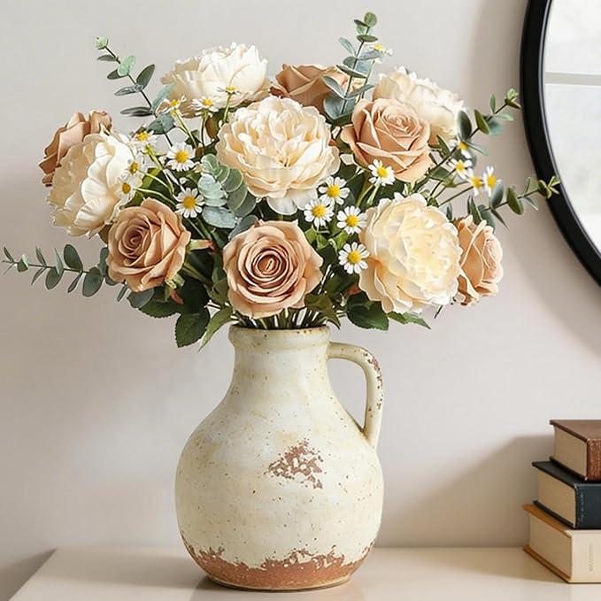 Ceramic Flower Vase Home Decor - 7.1 Inch Farmhouse Vases Rustic Vintage Living Room Kitchen Bedroom Decorations for House Book Shelf Office Coffee Desk Dining Fireplace