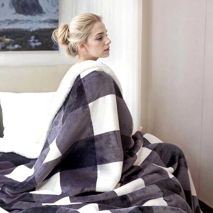 PU MEI Sherpa Blanket Fleece Throw Blanket Twin Plaid Thick Bed Blanket, Soft Warm Cozy Dark Grey Checkered Throw Blanket 60"*80"