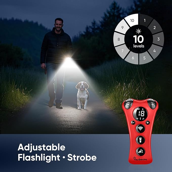 Ultrasonic Dog Bark Deterrent Device –10-Level Adjustable Anti Barking Trainer with Flashlight, Strobe, E-Clicker(18 Whistle Sounds)–No Shock, Collar-Free Dog Behavior Correction Devices