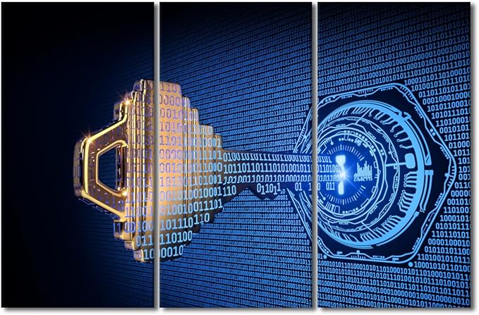 3 Panel Canvas Wall Art A Key Formed from Binary Code Goes Into an Abstract Lock Pictures Posters, Cybersecurity Artwork Wooden Framed Gallery-Wrapped Ready to Hang, 42" Wx28 H