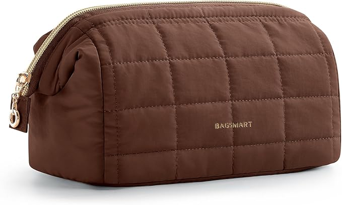 BAGSMART Makeup Bag Travel Toiletry Bag, Wide-open Zipper Pouch, Chocolate | Puffy Padded, Travel Essentials, Make Up Bag, For Women, Makeup Organizer, Toiletries Accessories Brushes