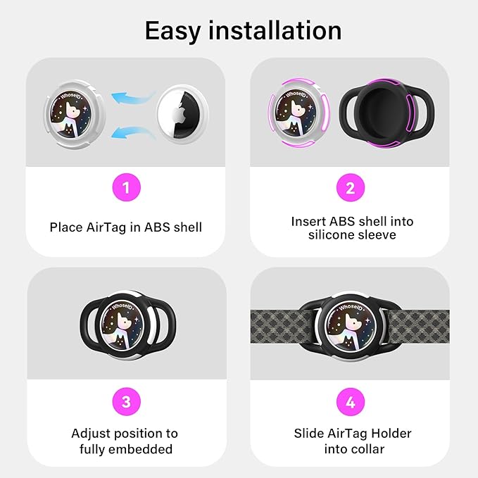 Waterproof Airtag Dog Collar Holder, Silicone & ABS Airtag Holder for Dog & Cat Collars, Ultra-Durable, Lightweight and Protective Airtag Case (Black&Pink-1, Small)
