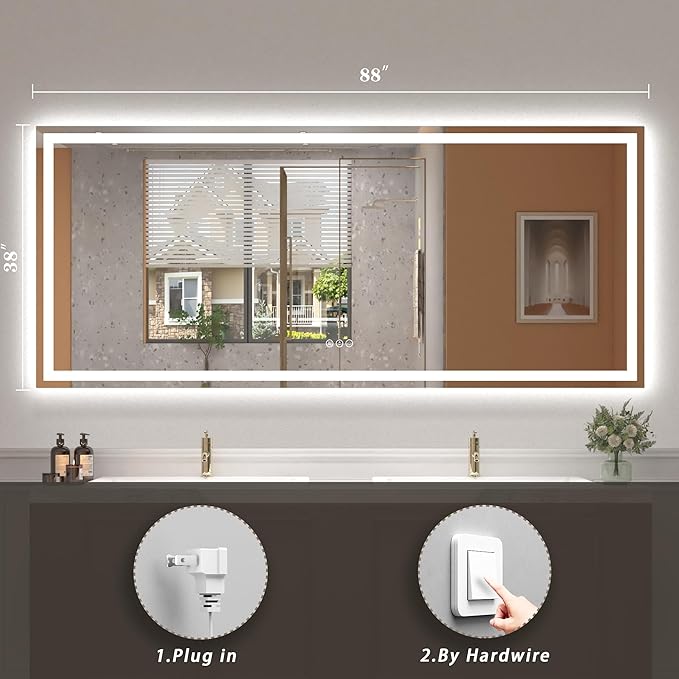 88x38 Super Large LED Mirror for Bathroom, Lighted Vanity Mirror for Wall, Dimmable, Anti-Fog, Shatter-Proof, ETL Listed (Front Lights + Backlit)