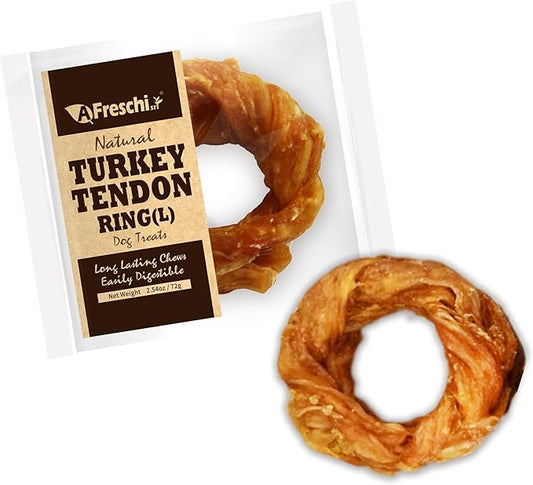 A Freschi srl Turkey Tendons for Dogs, USA-Sourced, Healthy Dog Treats, Rawhide-Free Puppy Chews, Long Lasting, All Natural, Hypoallergenic Dog Treats for Large Breeds, 1 Count Pack Ring (L)