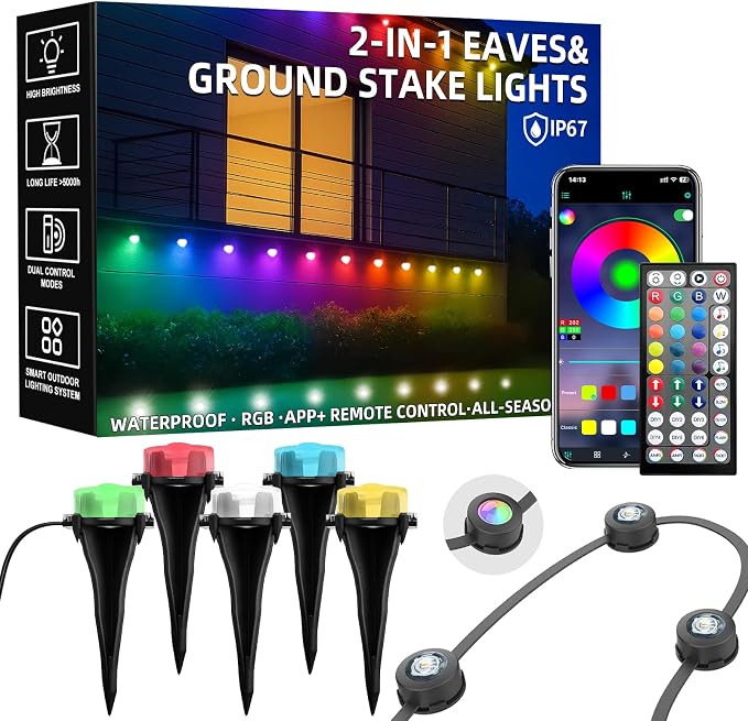 100 FT 2-in-1 Eaves & Ground Stakes LED String Lights, Outdoor RGB Light with App & Remote Control for House, Garden, and Landscape, Waterproof Smart Color-Changing Lighting for Holiday Everyday Decor