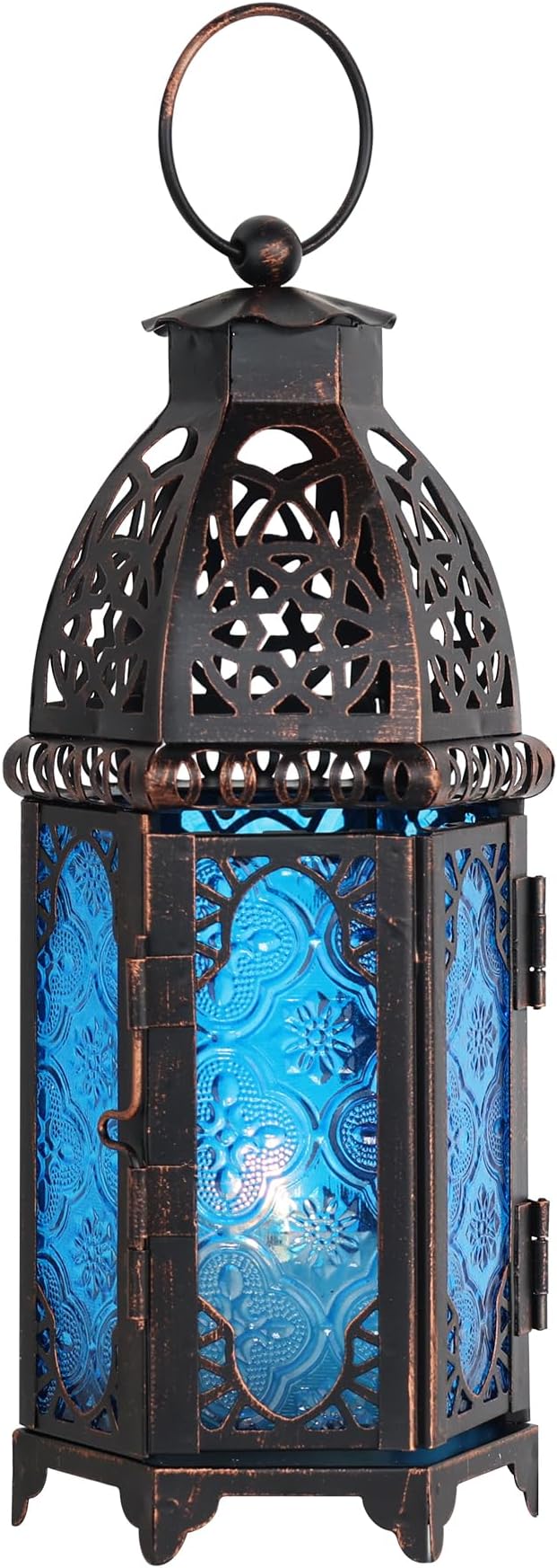NEEDOMO Hanging Moroccan Lantern, 11'' Vintage Candle Holder, Metal Lanterns Decorative Indoor Outdoor, Table, Patio, Porch, Shelf, Gothic Home Decor (Blue, Medium Size)