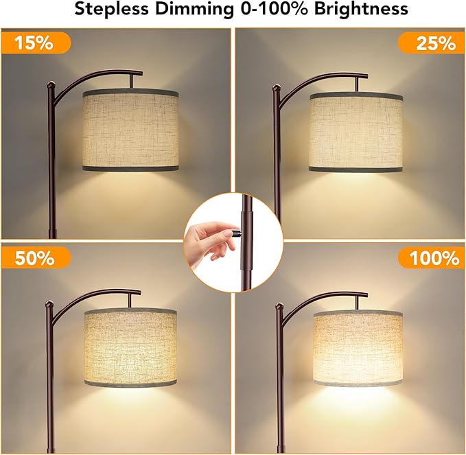 ROTTOGOON Dimmable Floor Lamp, Arc Floor Lamps for Living Room, Stepless Dimming Modern Standing Lamp with Linen Shade, Tall Lamp for Bedroom Office Dining Room- Brown