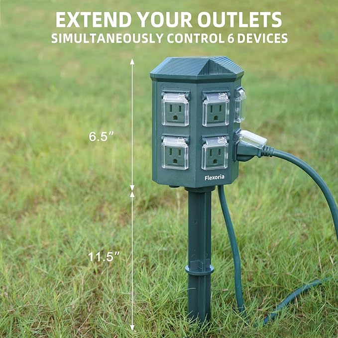 Outdoor Power Stake Timer, Remote Control Dusk to Dawn Light Timer, 25FT Extension Cord Waterproof, 6 Grounded Outlets for Graden and Yard Decorations, ETL Listed