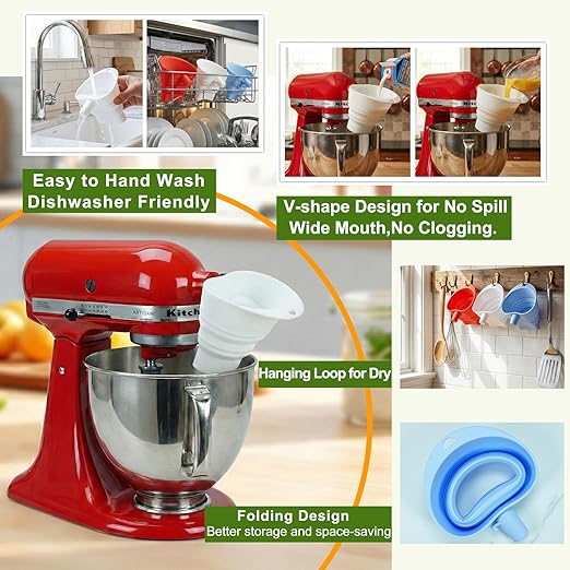Flour Funnel for Kitchen Aid Mixer with Spatula & Brush Set - Silicone Collapsible Stand Mixer Attachment Compatible with KitchenAid 4.5-5 QT Tilt-Head (KSM150), Mess Free Dishwasher Safe (White)